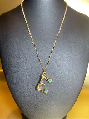 Mayamar ‘E’ initial necklace with turquoise 16” plus 2” extender